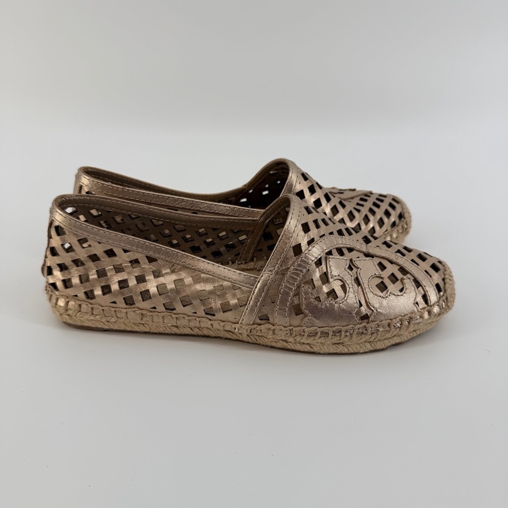 Tory Burch Laser Cut Gold Leather Espadrille Flats - Picture 2 of 5
